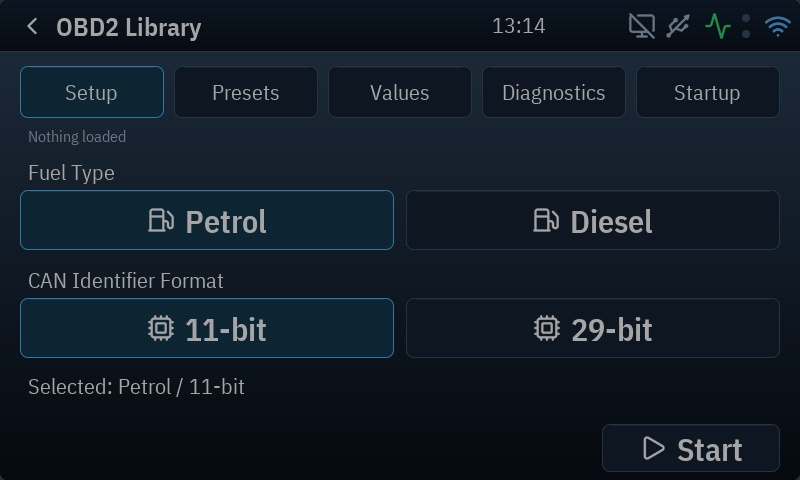 OBD2 setup with petrol/diesel and 11-bit/29-bit choices