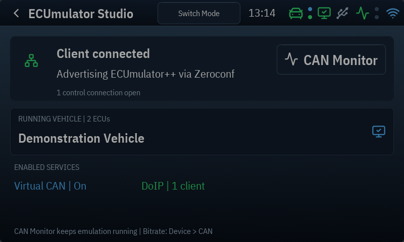 Studio-controlled DoIP simulation with vehicle status and RX/TX activity indicators